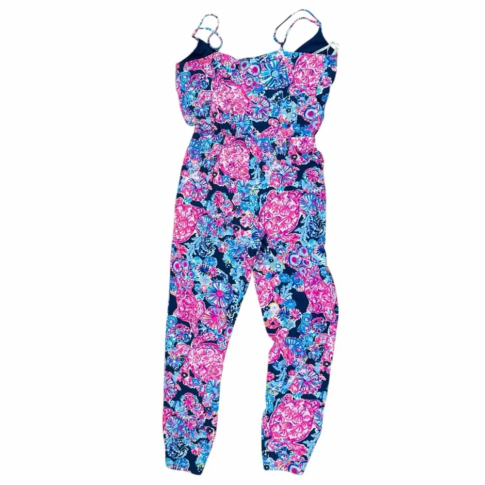 NWT Lilly Pulitzer Dante Jumpsuit High Tide Navy Pink In Turtle Amazement Size M - Picture 6 of 11